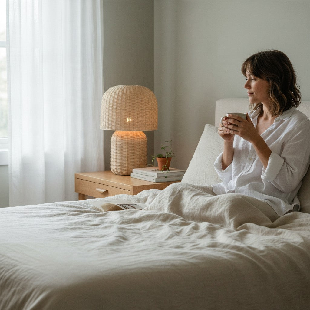 Vintage Industrial Kamar table lamp in natural rattan on a wooden nightstand next to a woman in a cozy bedroom.