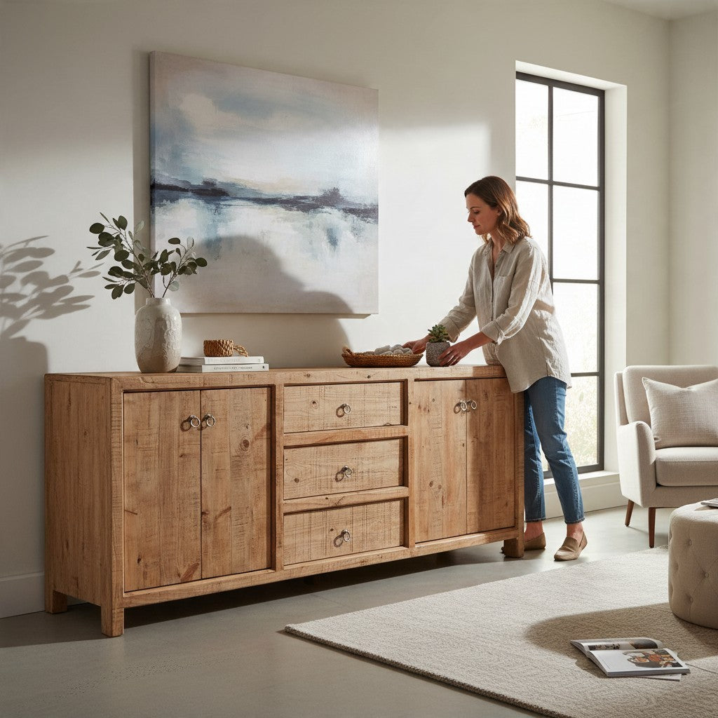 Vintage Industrial Kenemu sideboard in sand-finished solid pine wood with drawers and doors in a bright living room