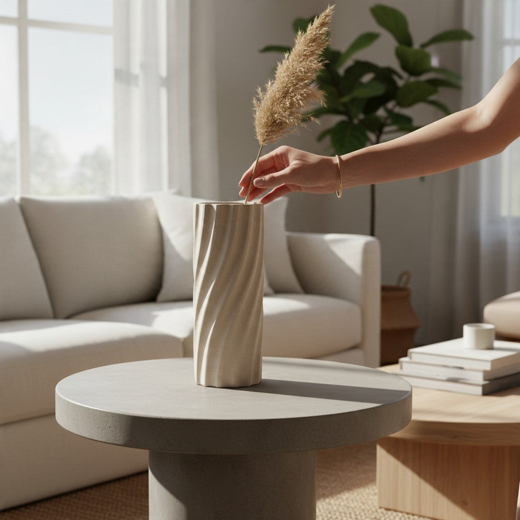 Vintage Industrial Komo white porcelain vase with a spiral texture on a round concrete table in a bright living room