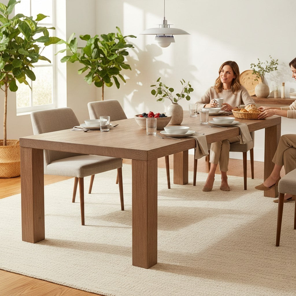 Vintage Industrial Mambruk solid pine wood dining table in honey finish with thick top and four sturdy corner legs