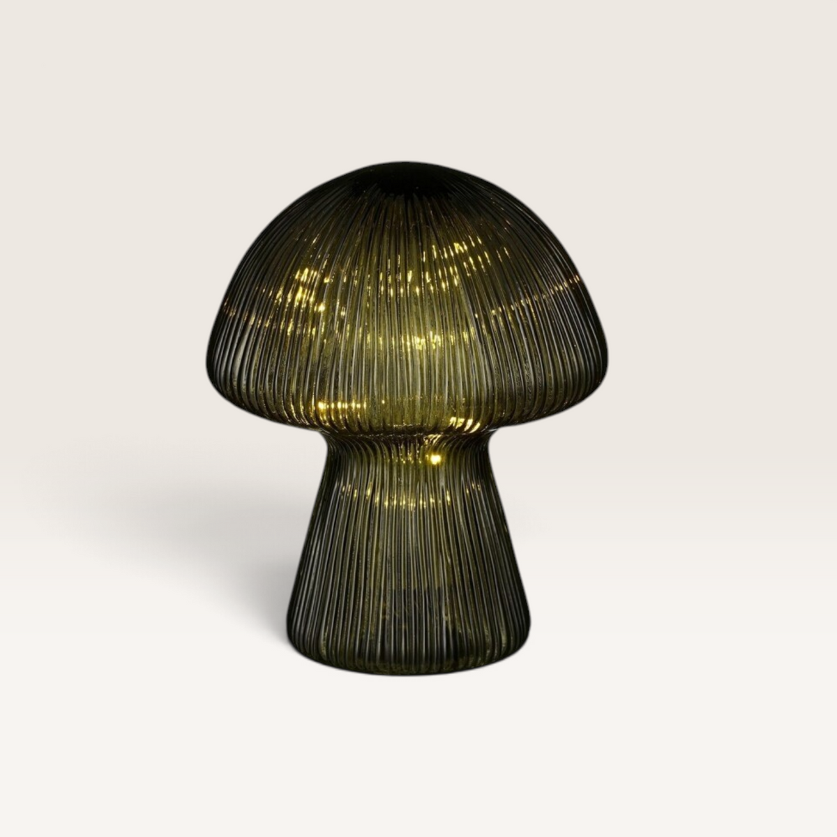 Vintage Industrial mushroom-shaped glass lamps in green and amber with internal LED lights for cozy home decor.
