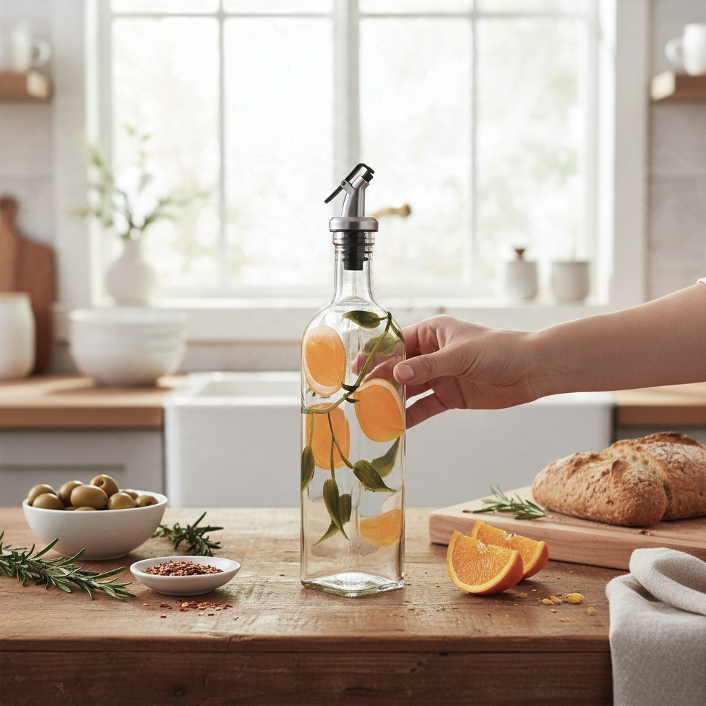 Vintage Industrial Palermo glass oil and vinegar dispenser with lemon print and stainless steel pourer on a kitchen