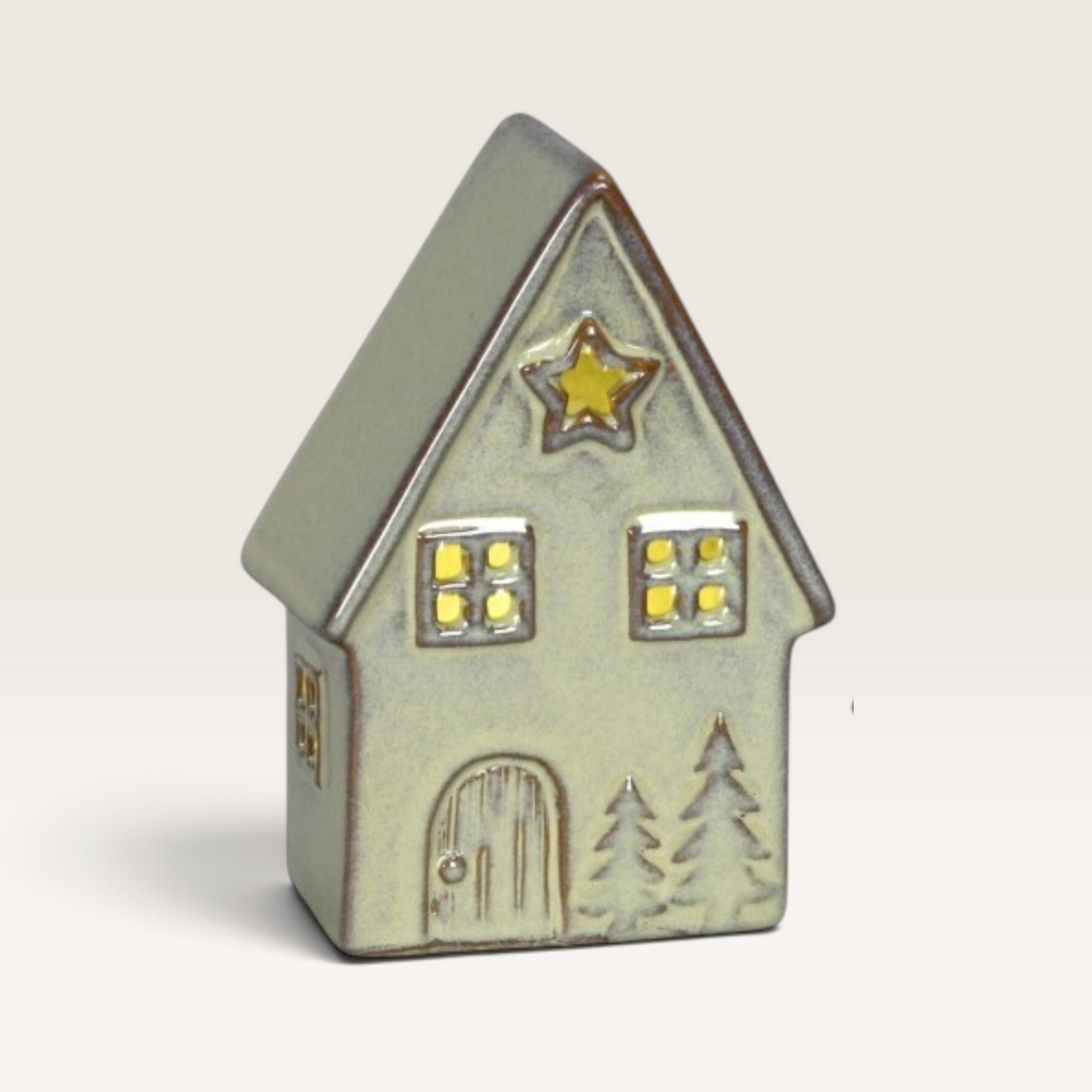 Vintage Industrial Casita Bergen Verde porcelain house miniatures with warm LED lights and festive winter details
