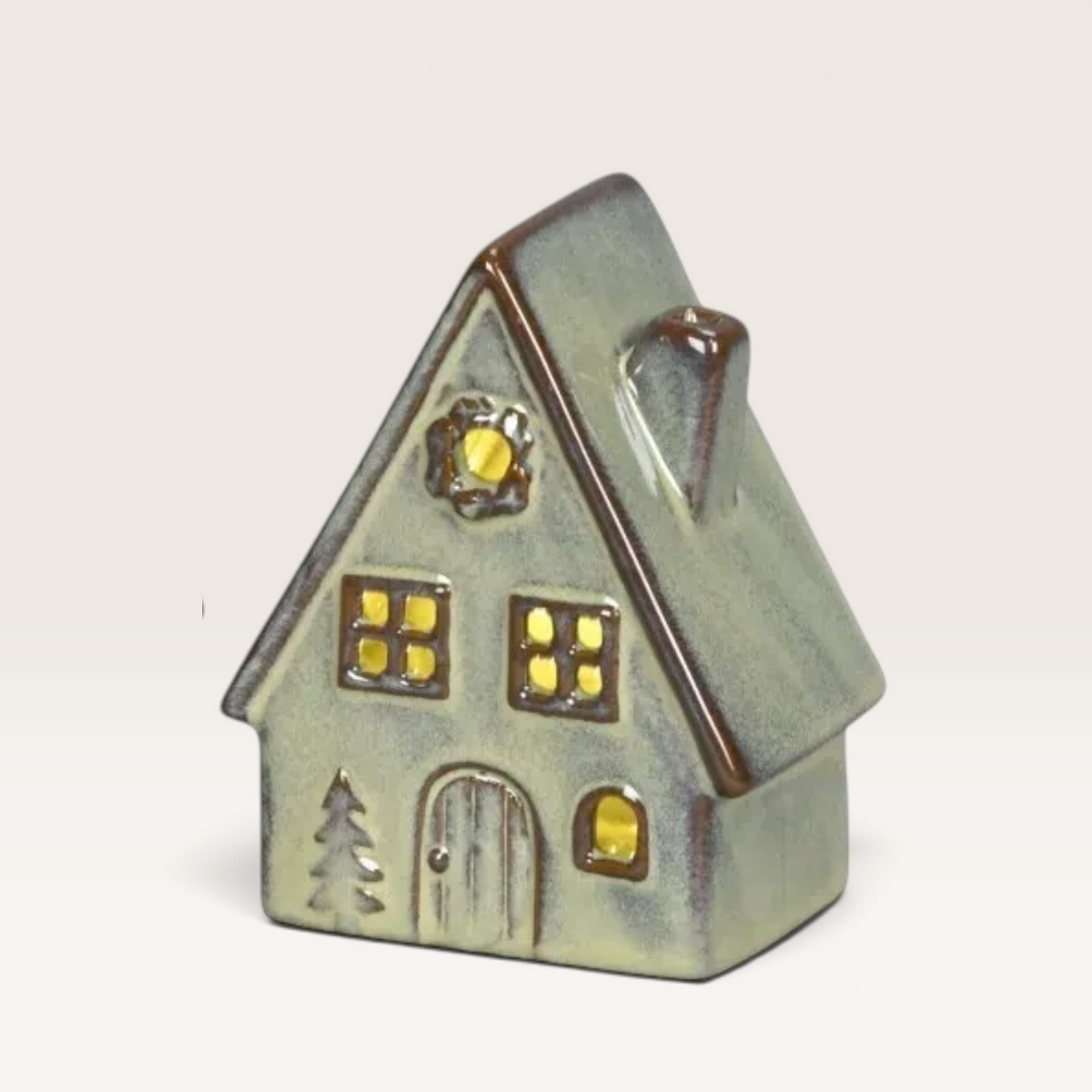 Vintage Industrial Casita Bergen Verde porcelain house miniatures with warm LED lights and festive winter details.