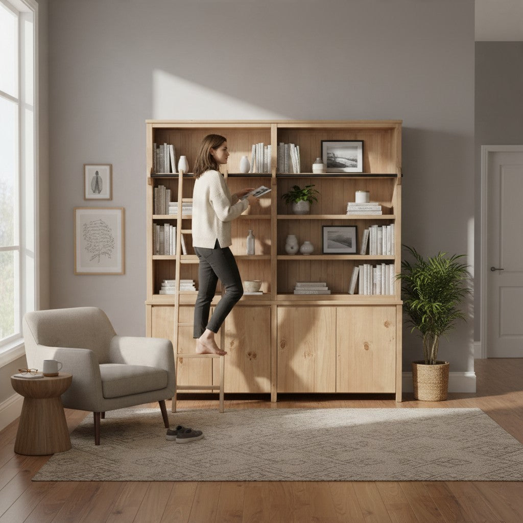 Vintage Industrial Praya pine wood bookcase with sliding ladder, open shelves, and lower cabinets in a bright room.
