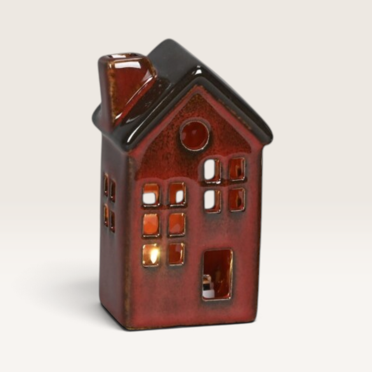 Vintage Industrial red porcelain house figurines with integrated warm LED lighting for cozy home decor.