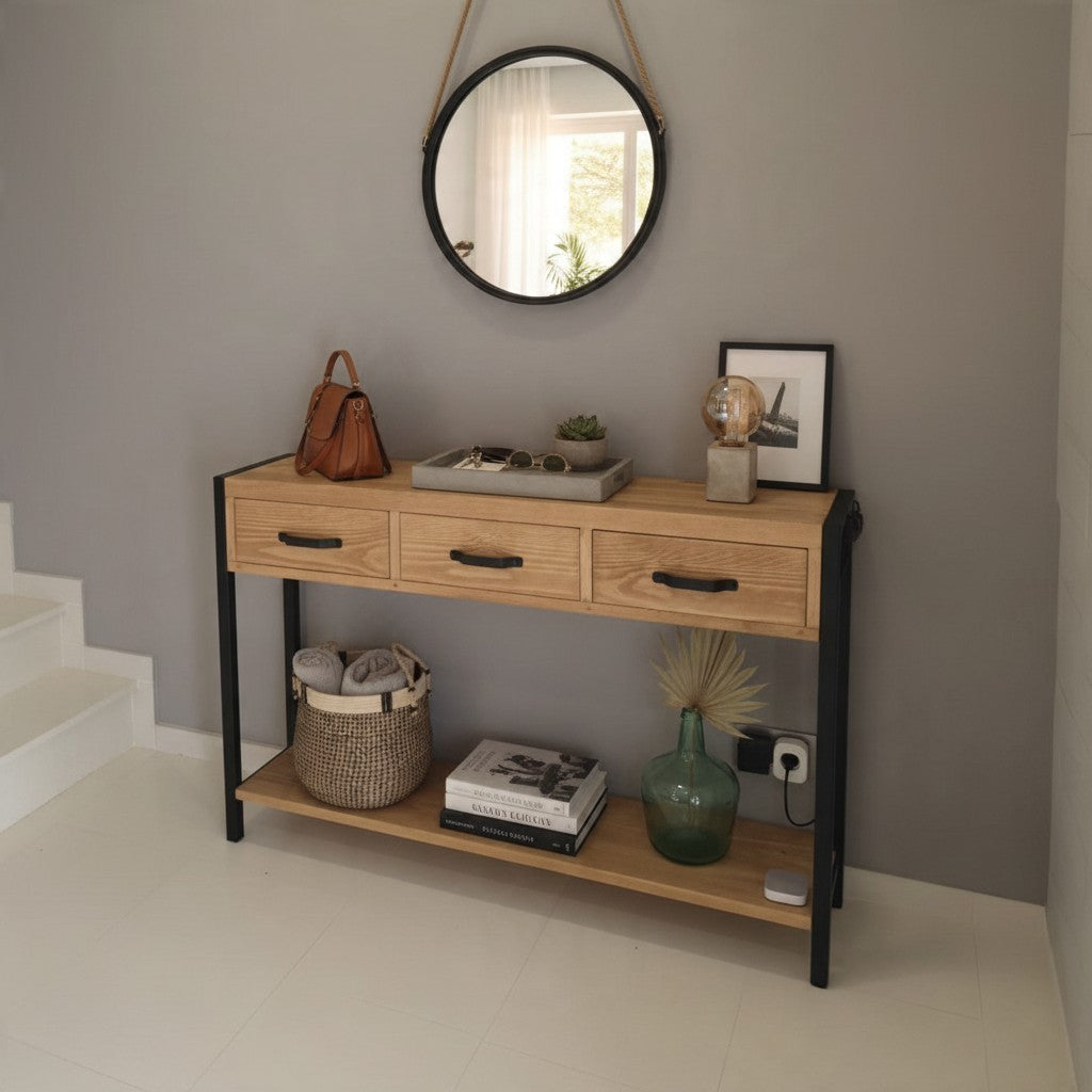 Vintage Industrial Runque entryway console table in sand-finished pine wood with black iron frame and three drawers.