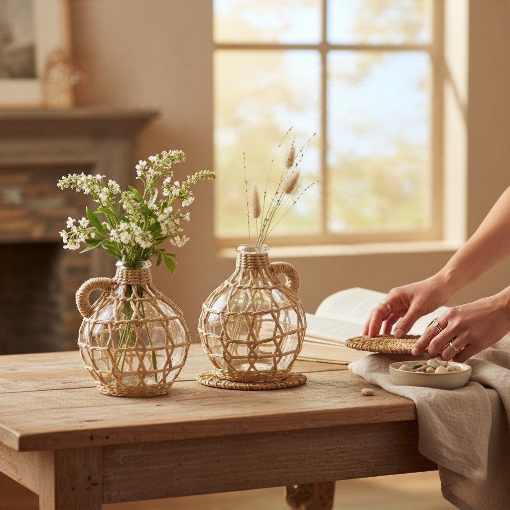 Vintage Industrial Sakra glass and fiber bottle vases with floral arrangements on a rustic wooden table