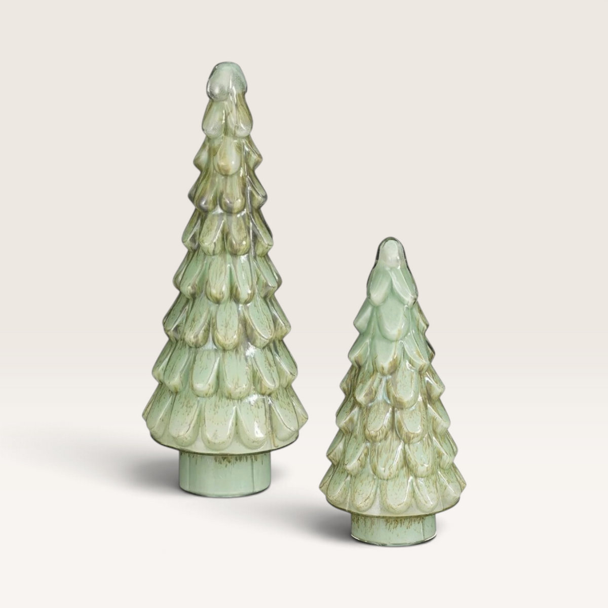 Vintage Industrial Sarek decorative glass trees in antique green with a textured finish, set of two sizes.