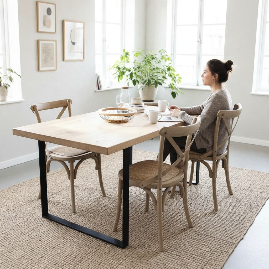 Vintage Industrial Sut dining table in honey pine wood with black iron frame, set in a bright, modern dining room.