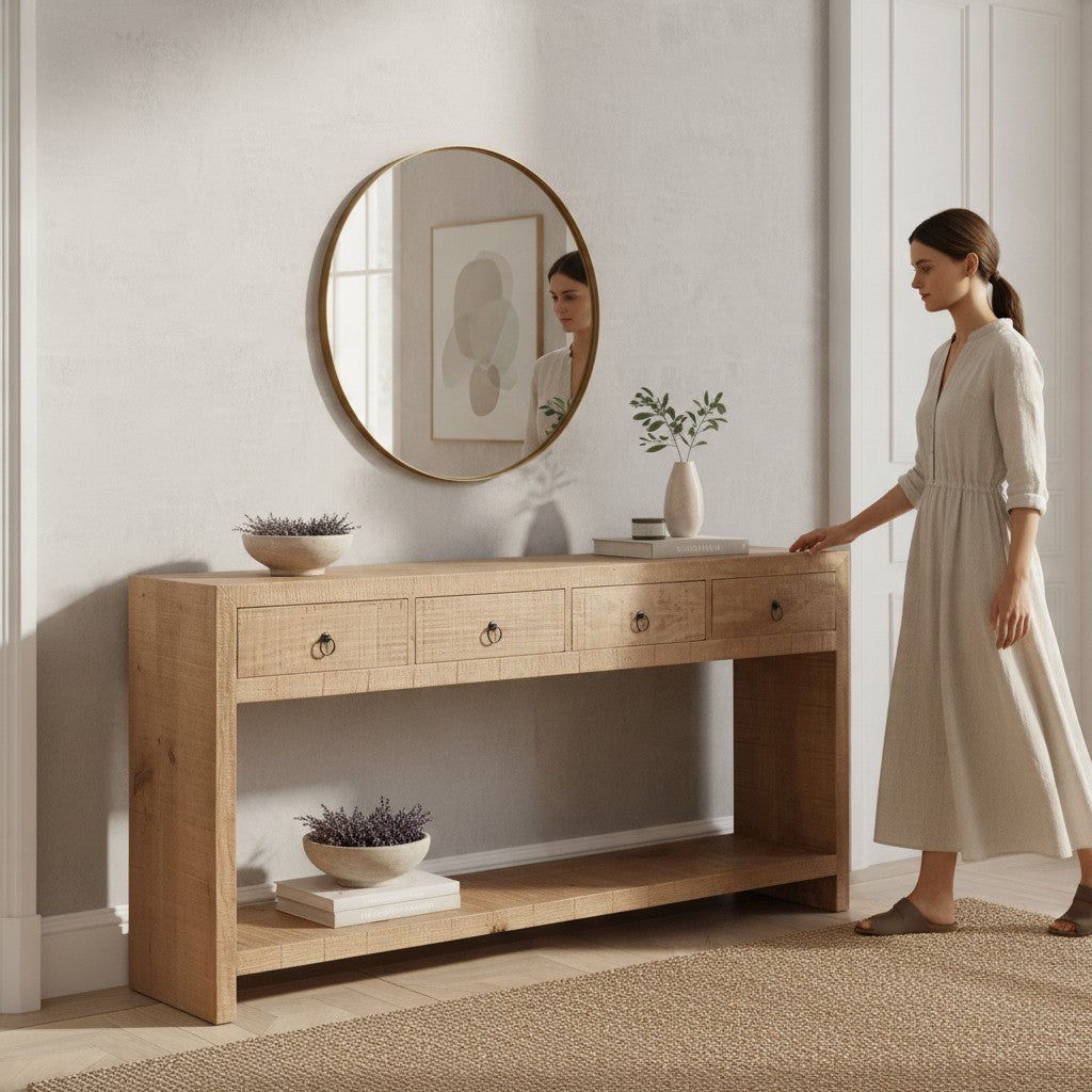 Vintage Industrial Tebus entryway console table in sand-finished solid pine wood with four drawers and lower shelf.