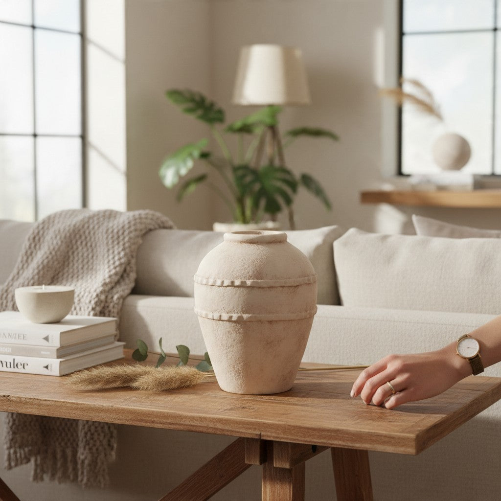 Vintage Industrial Tobo beige resin vase on a wooden table in a bright living room setting
