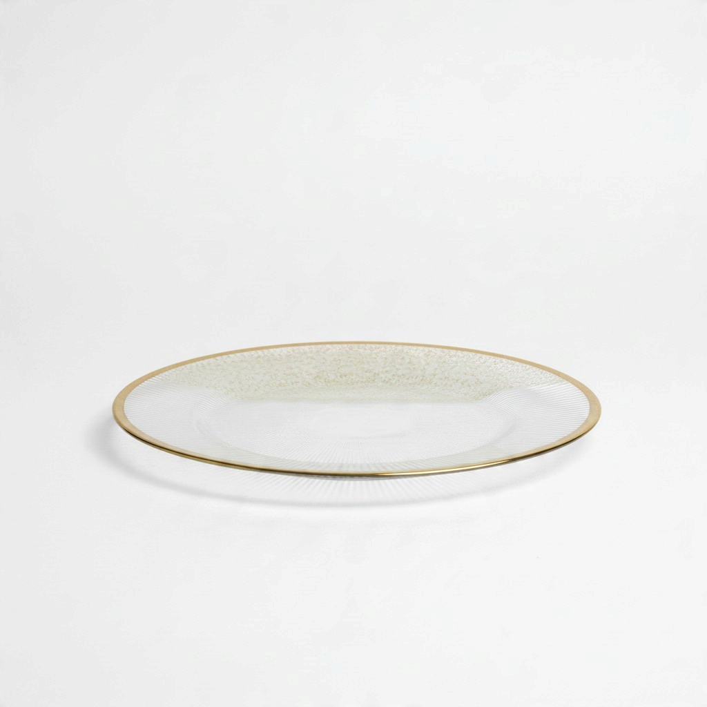Vintage Industrial Ende transparent polypropylene charger plate with a sophisticated gold rim for elegant table decor.