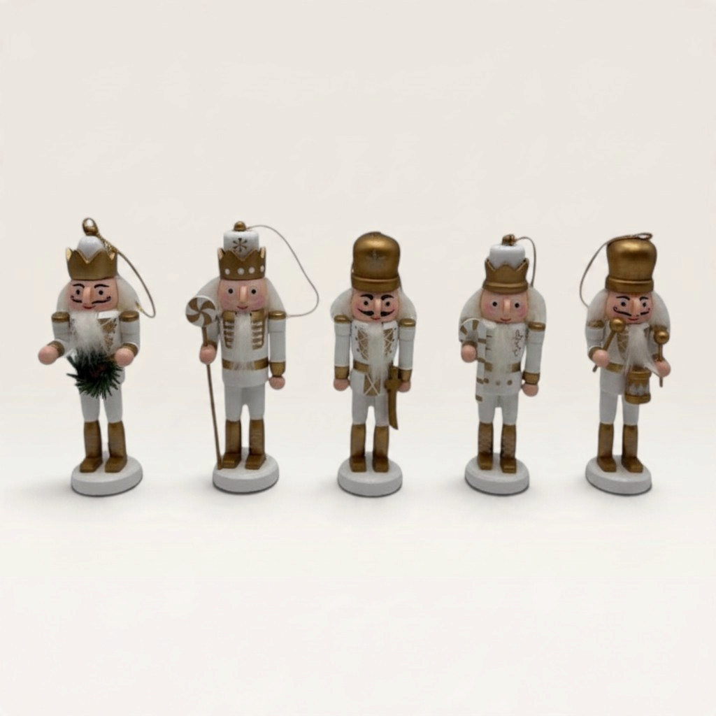 Vintage Industrial set of five white and gold MDF nutcracker hanging ornaments with festive details